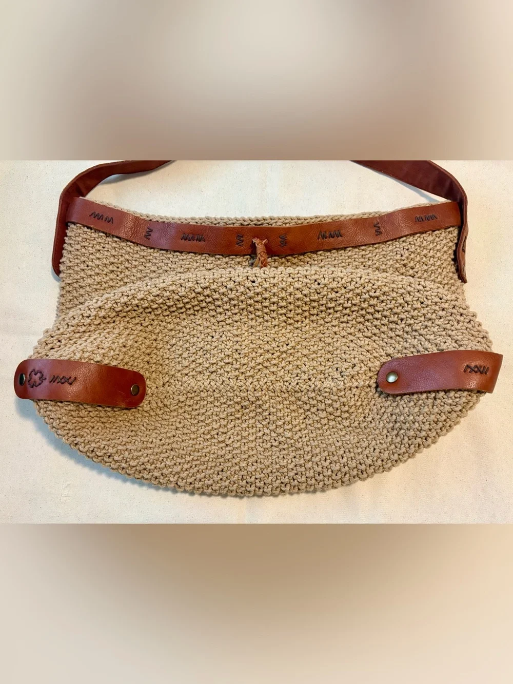 Lucky Brand Vintage Boho Crochet & Leather Shoulder Bag Tote